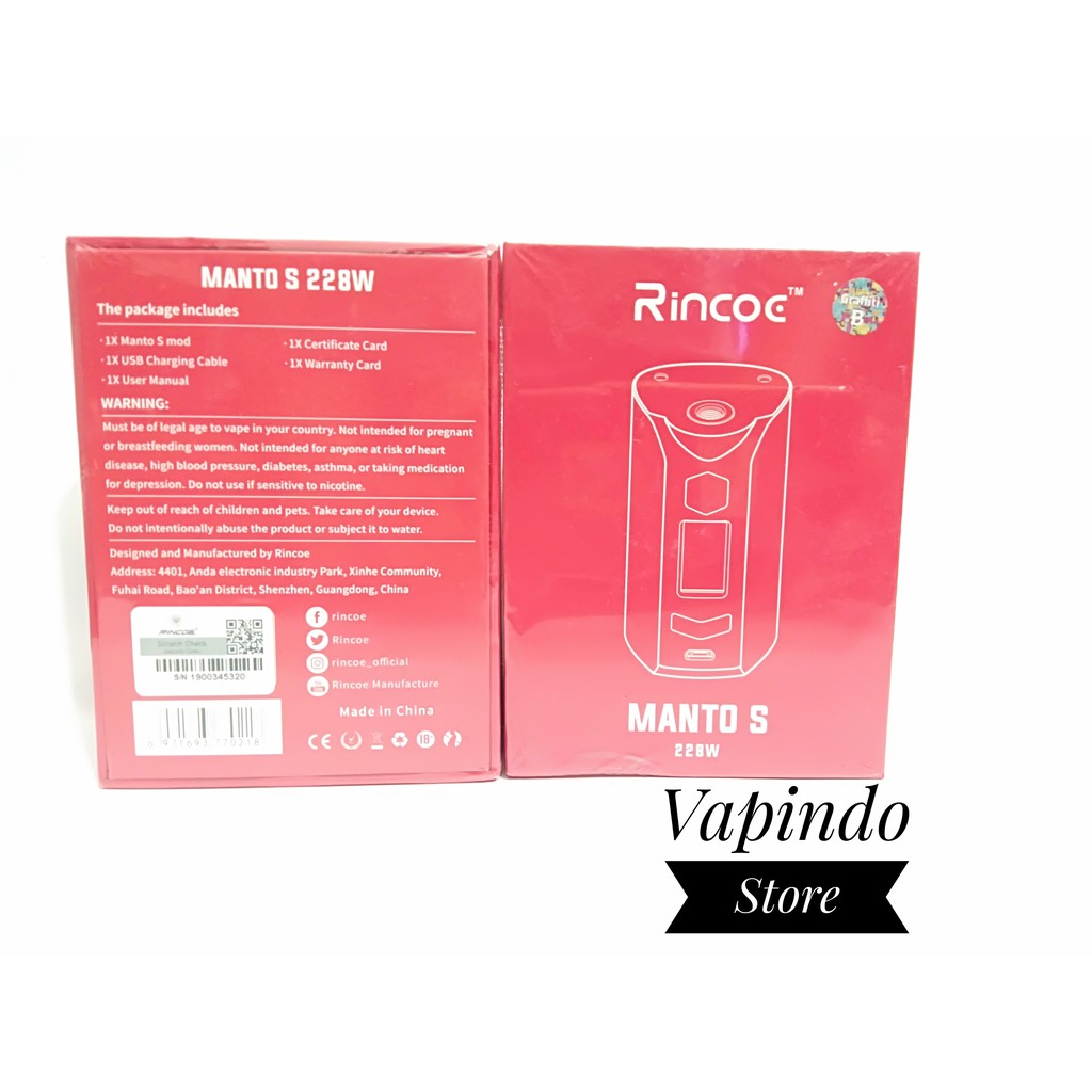 [S] AUTENTIC RINCOE MANTO S 228W BOX MOD AUTHENTIC VAPE VAPOR