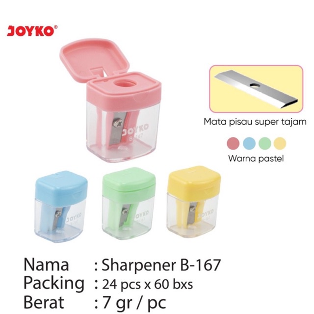 

Rautan B167 / Sharpener / Kerukan / Serutan / Peruncing B-167 warna Pastel Joyko