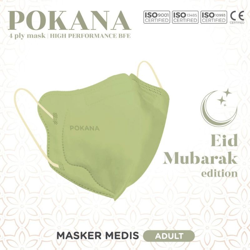 Pokana 3D 4ply Earloop per box edisi Eid Mubarak warna olive green