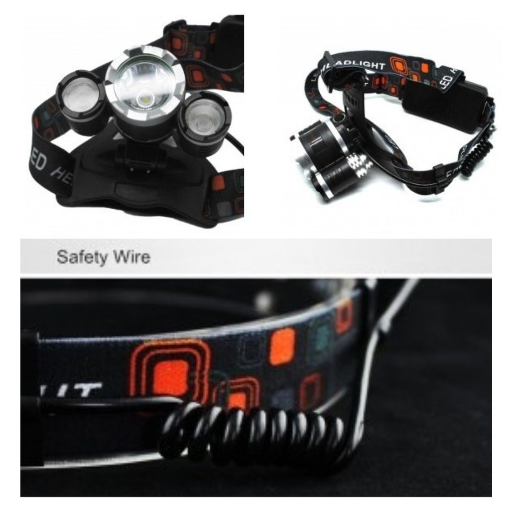 Headlamp 3 Light Lampu Senter Kepala 5.000 Lumens USB Charge 111107