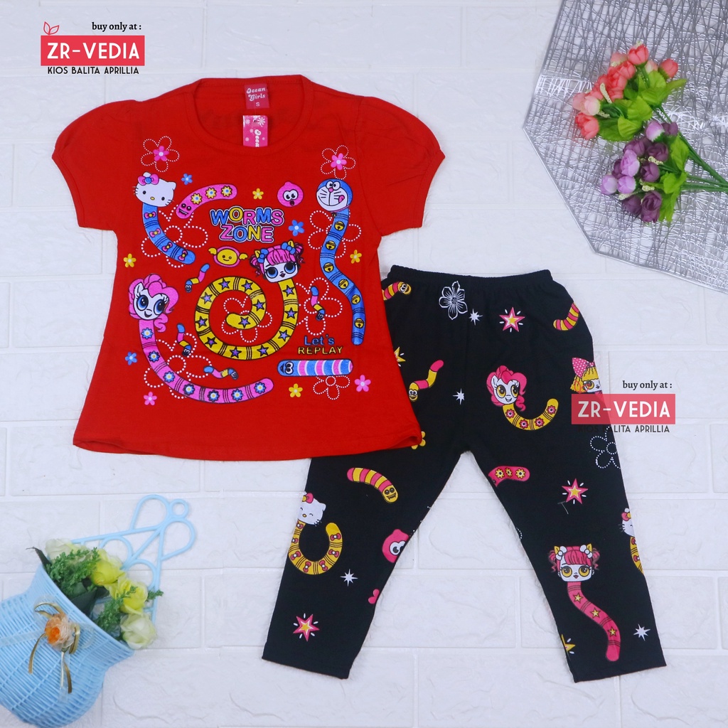 Setelan Worm Zones Anak Perempuan uk 3-4 tahun / Baju Anak Karakter Legging Perempuan Celana Panjang Import Kaos Cacing