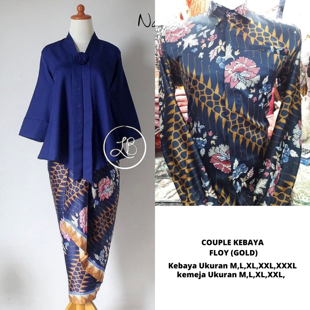 SETELAN KEBAYA COUPLE / BATIK COUPLE MODEL FLOY KEMBANG SEPATU NAVY DAN KEMEJA