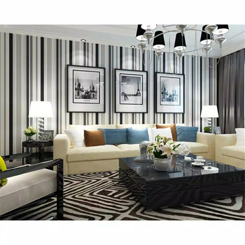 Wallpaper Dinding Motif Garis Hitam Putih Ukuran Panjang 10Meter x Lebar 45cm