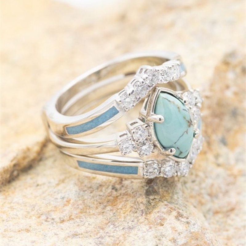 3pcs / Set Cincin Emas Multilayer Model Hollow Turquoise Untuk Wanita