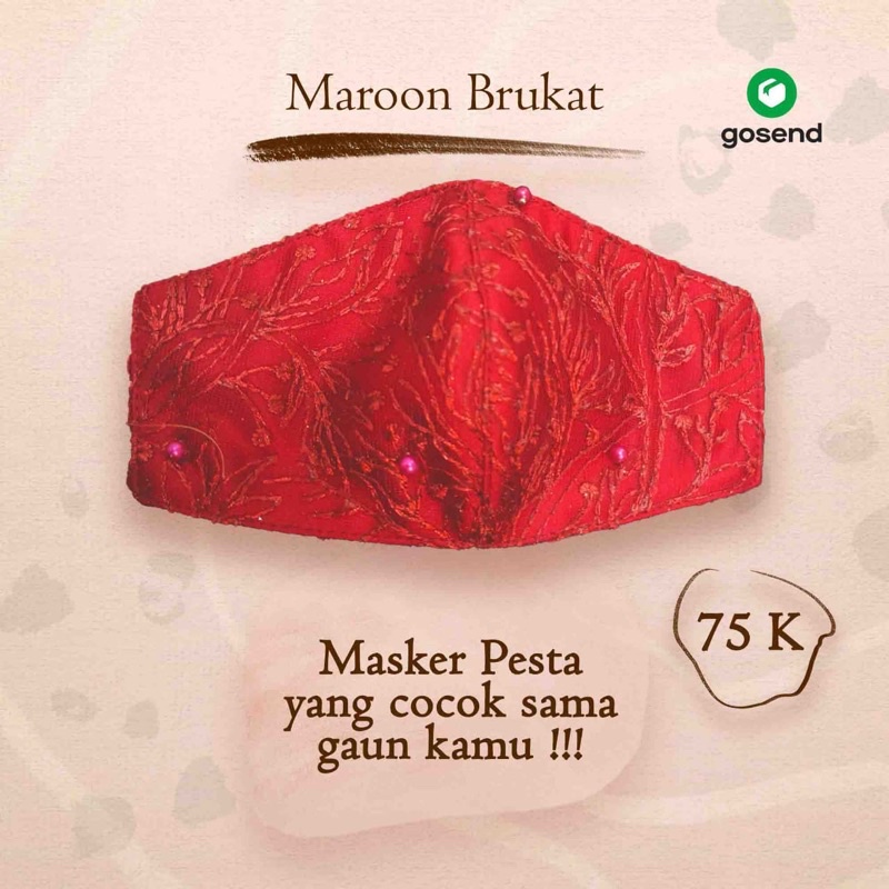 Masker Kain 3ply | Merah Red Maroon Brokat