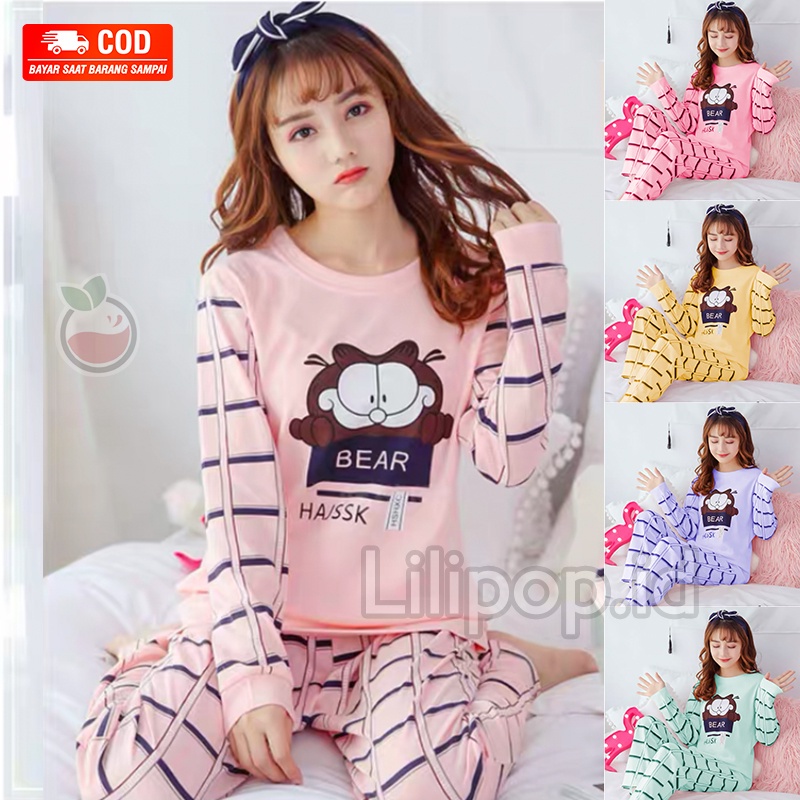 Lilipop.id  Baju Tidur Wanita Garfield Celana Panjang PP Allsize Lengan Panjang Baby Doll Bahan Kaos Dewasa