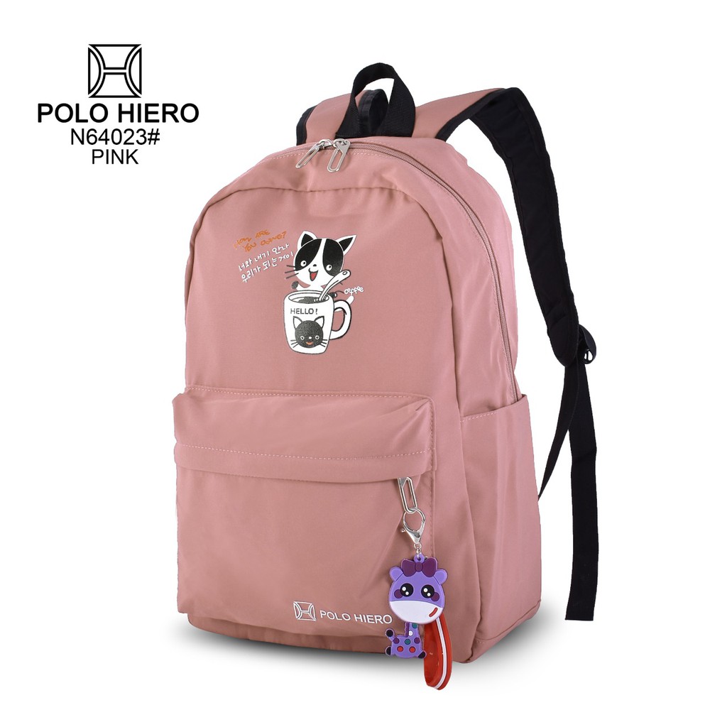 Tas Polo Hiero N64023 Tas Sekolah Gambar Kucing/Cat/Kitty Ransel Wanita (Free Gantungan Tas)