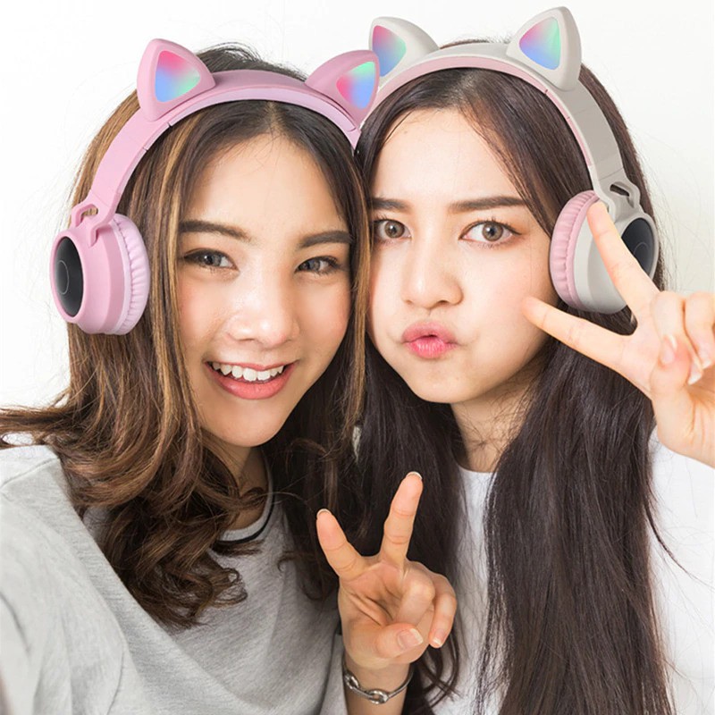 Headphone Cute Cat Ear Wireless Headset Bluetooth 5.0 RGB LED dengan Mic BT028C