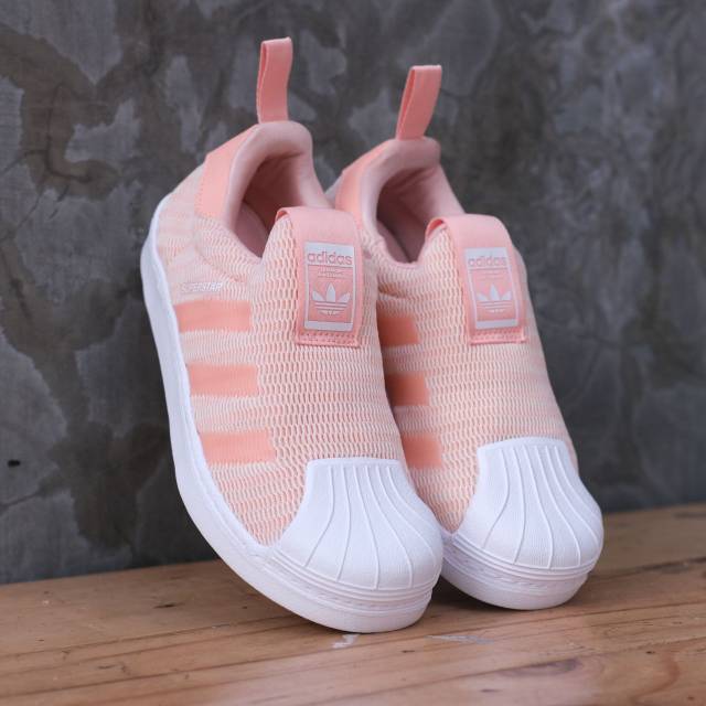 Sepatu Anak Adidas Kids Superstar 360 Orange Peach Line White Slip On Original