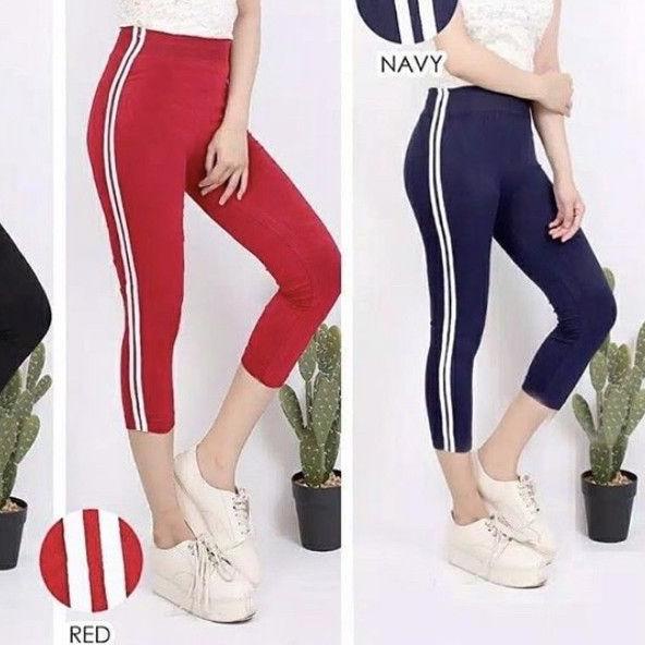 Legging 7/8 List Putih Wanita Import Premium Bahan Tebal Legging Pendek 7 8 Sport Jogging Gym Yoga