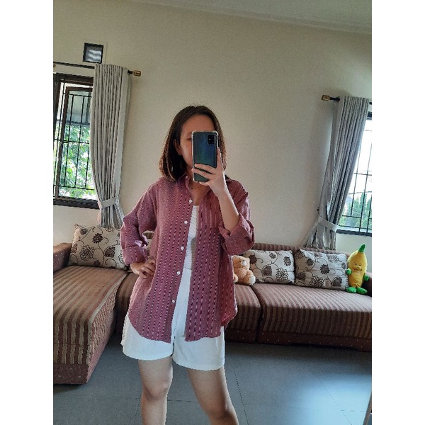 Atasan Kemeja Outer Top Wanita Merah Maroon Oversize Jumbo Big Size Stripes Garis
