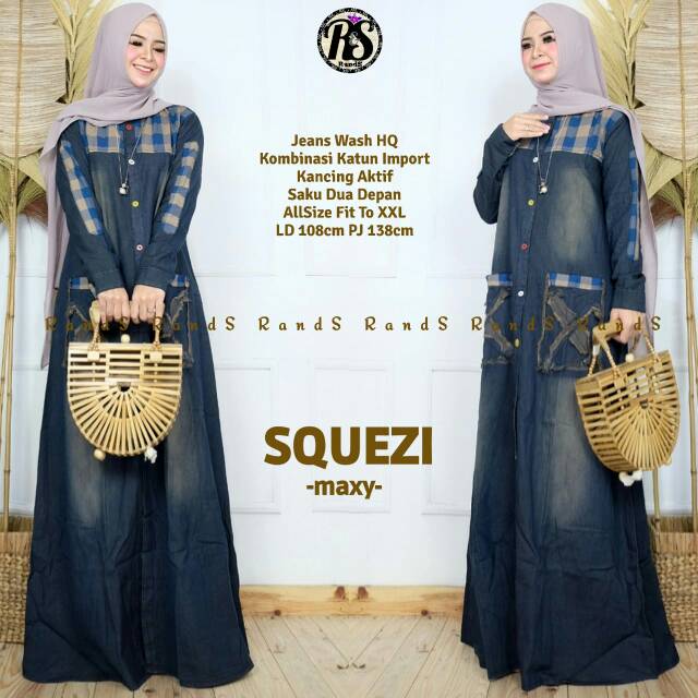 GAMIS MAXY DRESS JEANS BUSUI // SQUEZI MAXY // BAHAN JEANS WASH KOMBINASI KATUN IMPORT