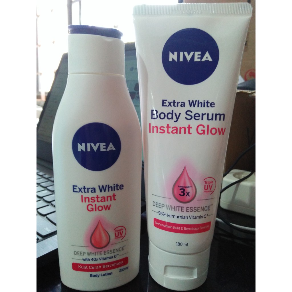 NIVEA Extra White Instant Glow Body Serum SPF25 180ml / Body Lotion SPF15 200ml - Mencerahkan Kulit  (Kemasan Besar Kecil Sedang) - Handbody Hanbody Hand Body Handbodi Hanbodi Radian Smoth Putih Instan Glowing