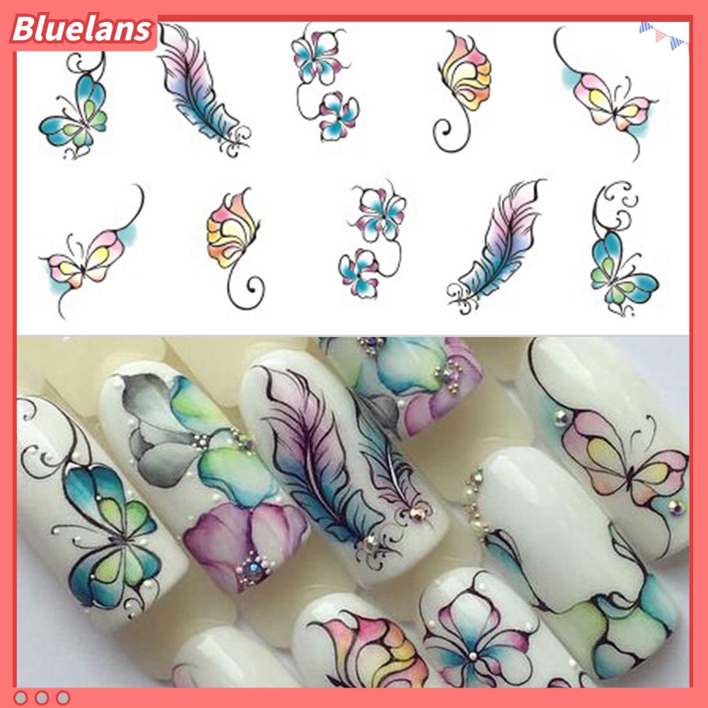 Bluelans Stiker Kuku Motif Bunga Kupu-Kupu Gaya Vintage Untuk Manicure