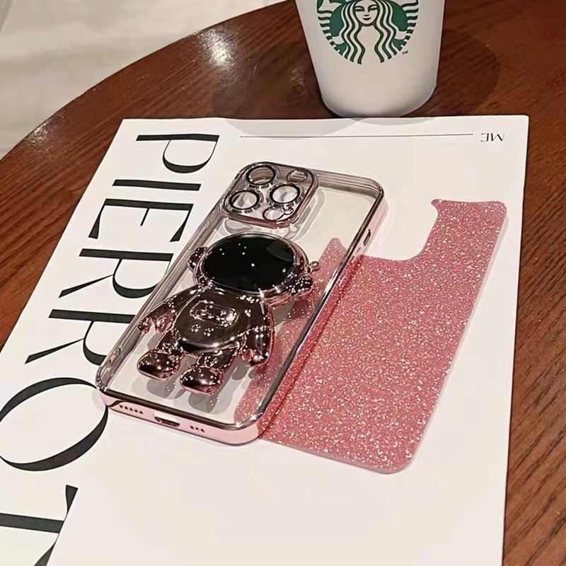 Case Stand Electroplating Glitter Astronot Dengan Lensa Film Anti Gores Untuk iPhone 14 Plus 14 Pro max 13 Pro max 12 Pro max 11 Pro max