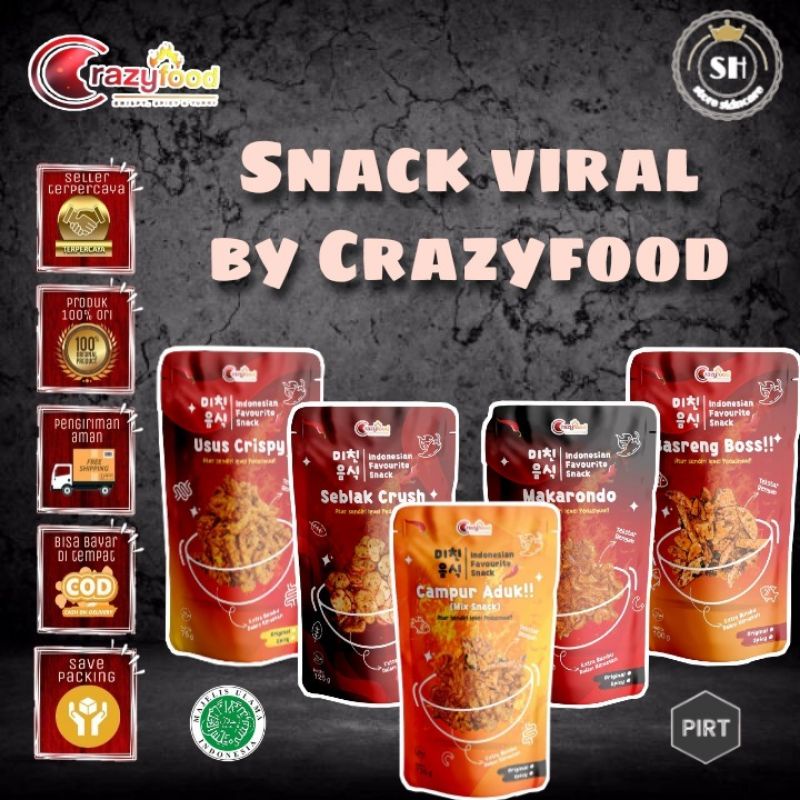 Jual Crazy Food Snack Makanan Ringan Viral Pedas Basreng Usus Krispi Makaroni Seblak Kekinian