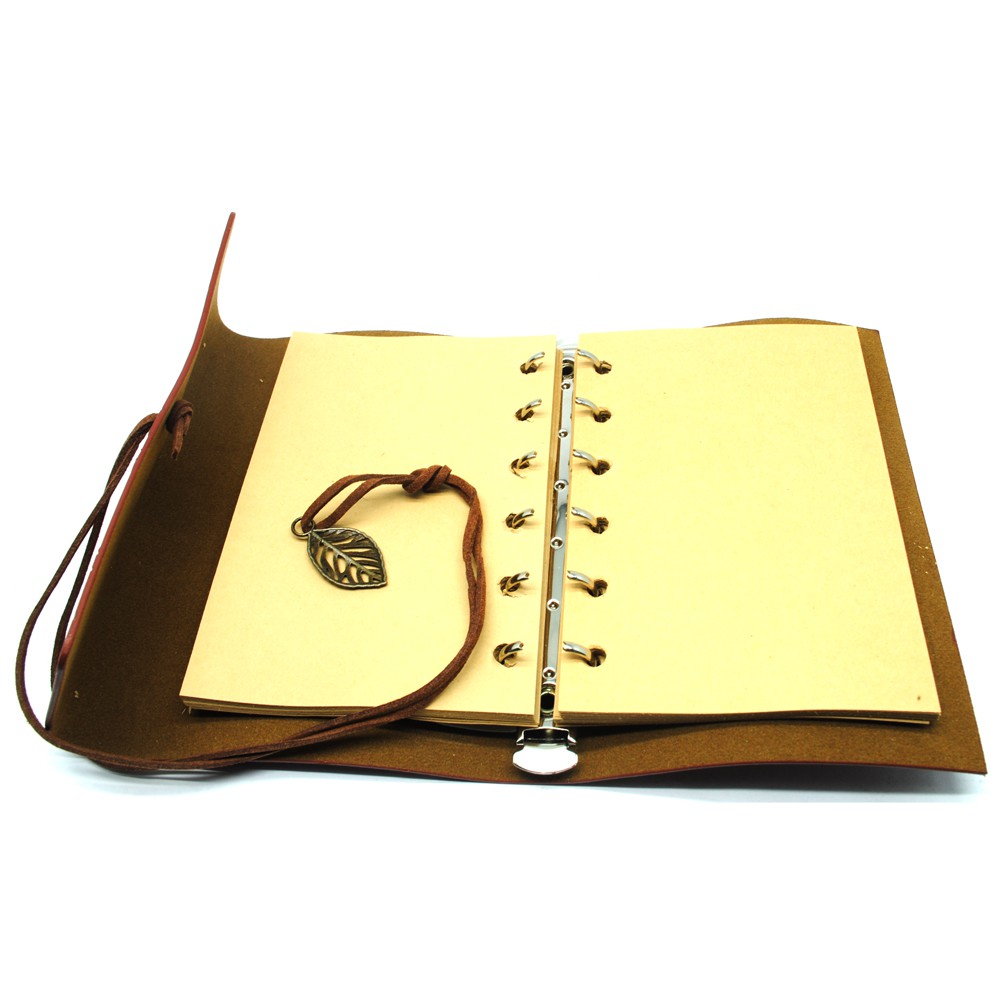 Buku Catatan Binder Kulit Retro Leaf Kertas A6 - Brown