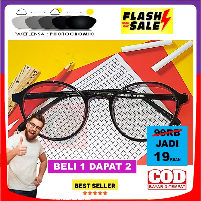 WOW MURAH Kacamata Minus Photocromik Pria Wanita Bulat Oval Gagang Plastik Anti Silau Berubah Warna 