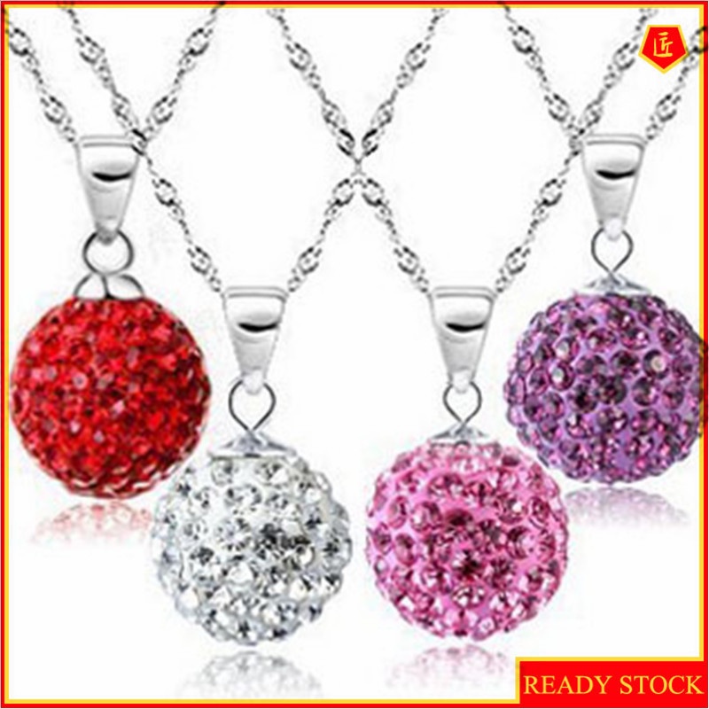 [Ready Stock]Stylish Colored Diamond round Ball Pendant Vintage Silver Plated Necklace