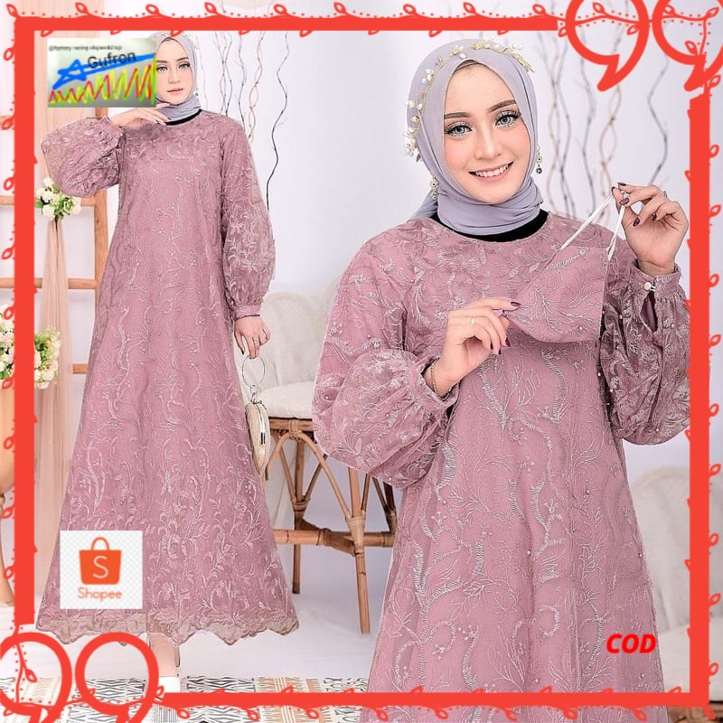 (New Free Masker Brukat) Aruka Full Brukat Tile Mutiara / Size S-M, L , XL, XXL / Gamis Pesta / Gami