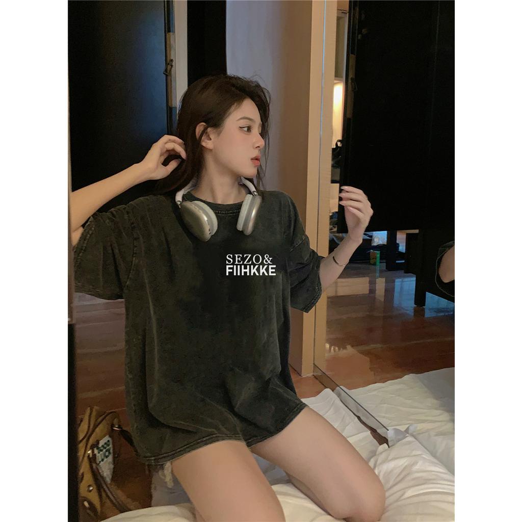 Letter t shirt Hitam washed baju wanita kaos wanita kaos oversize atasan wanita t shirt pria lengan pendek kaos pakaian