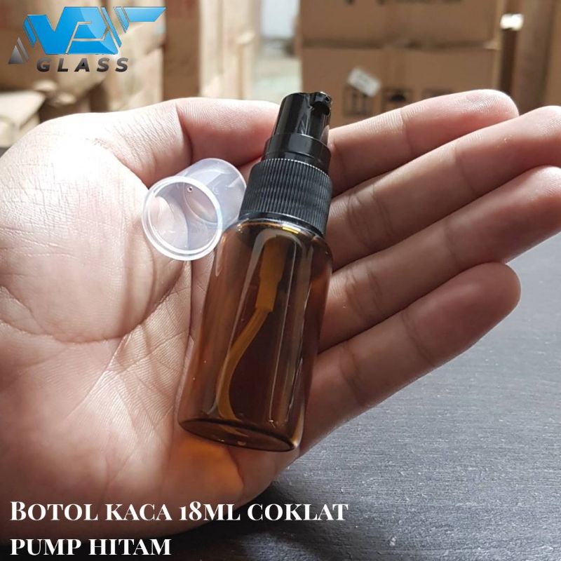 botol kaca 18/20ml coklat pump hitam / botol kaca 18ml pump treatment