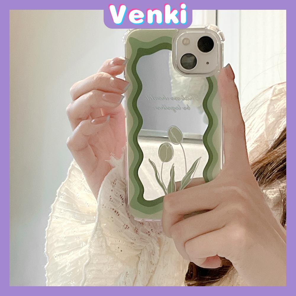 iPhone Case Acrylic HD Makeup Mirror Airbag Shockproof Protection Camera Green Tulip Flowers Compatible For iPhone 11 iPhone 13 Pro Max iPhone 12 Pro Max iPhone 7 Plus iPhone xr