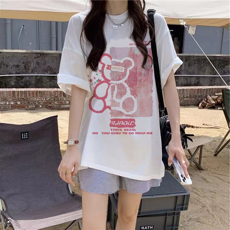 baju kaos wanita lengan pendek/bear printing t-shirt/korea style oversize kaos putih