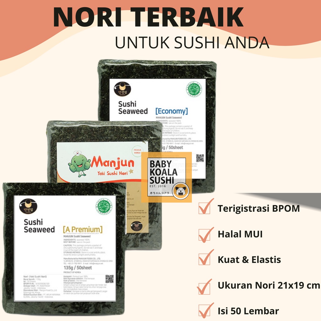 MANJUN Sushi Nori Kimbab 50 S Halal │ Nori Gimbab Import Lembar Rumput Laut