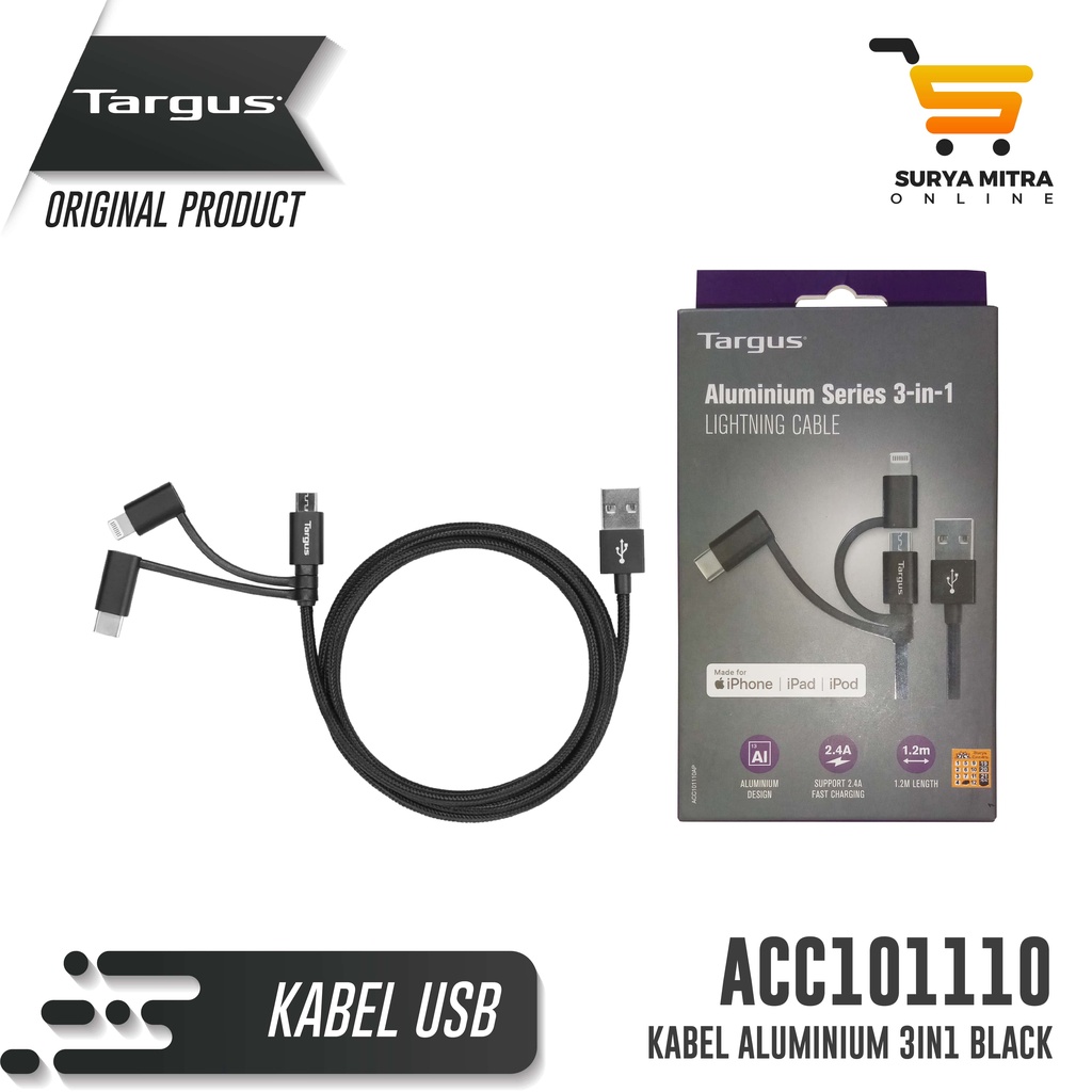 Kabel Data Targus ACC101110 3 in 1 USB A to Micro Usb USB-C Lightning