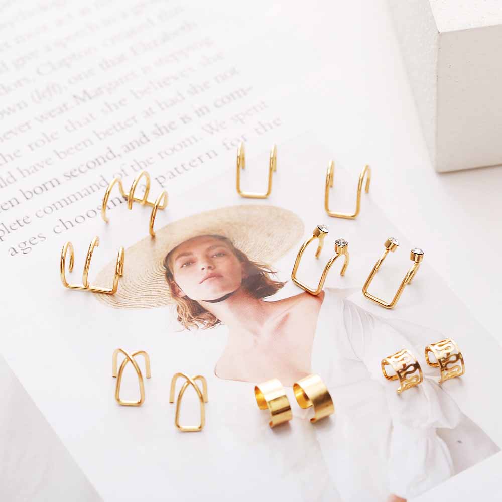IFYOU Set Perhiasan Anting Klip Telinga Model Terbuka Dapat Disesuaikan Warna Emas Gaya Retro Korea