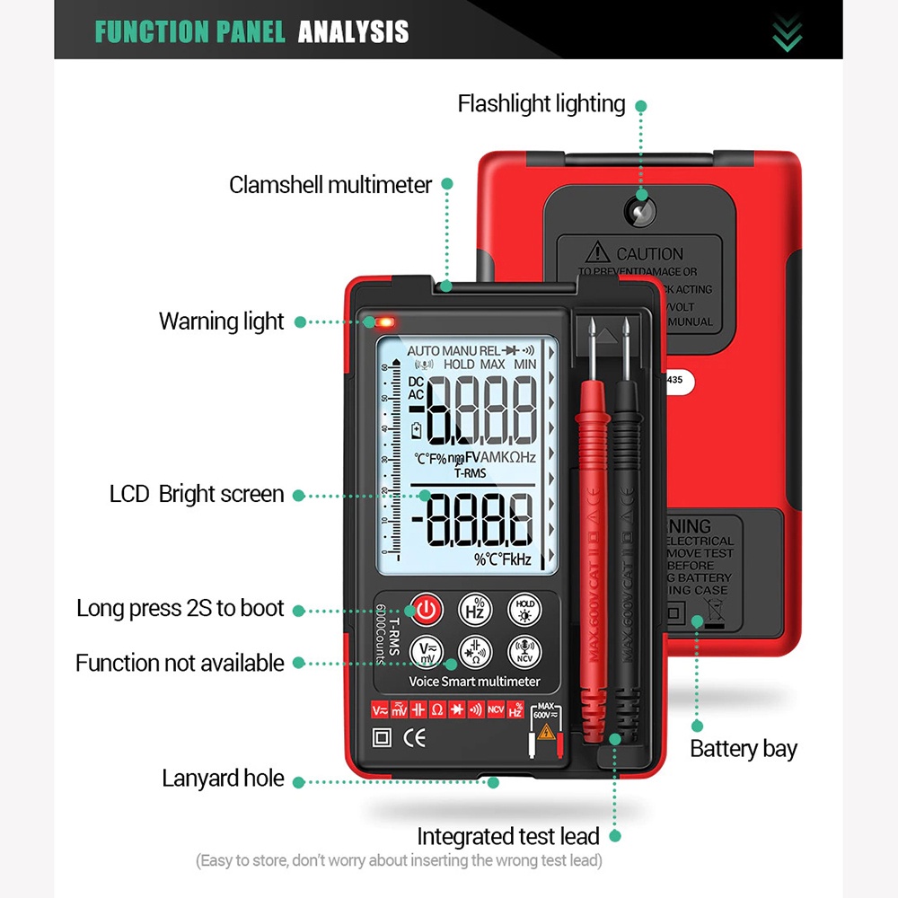 ANENG Multimeter Digital Tester Speech Recognition True RMS - Q60S - Black/Red