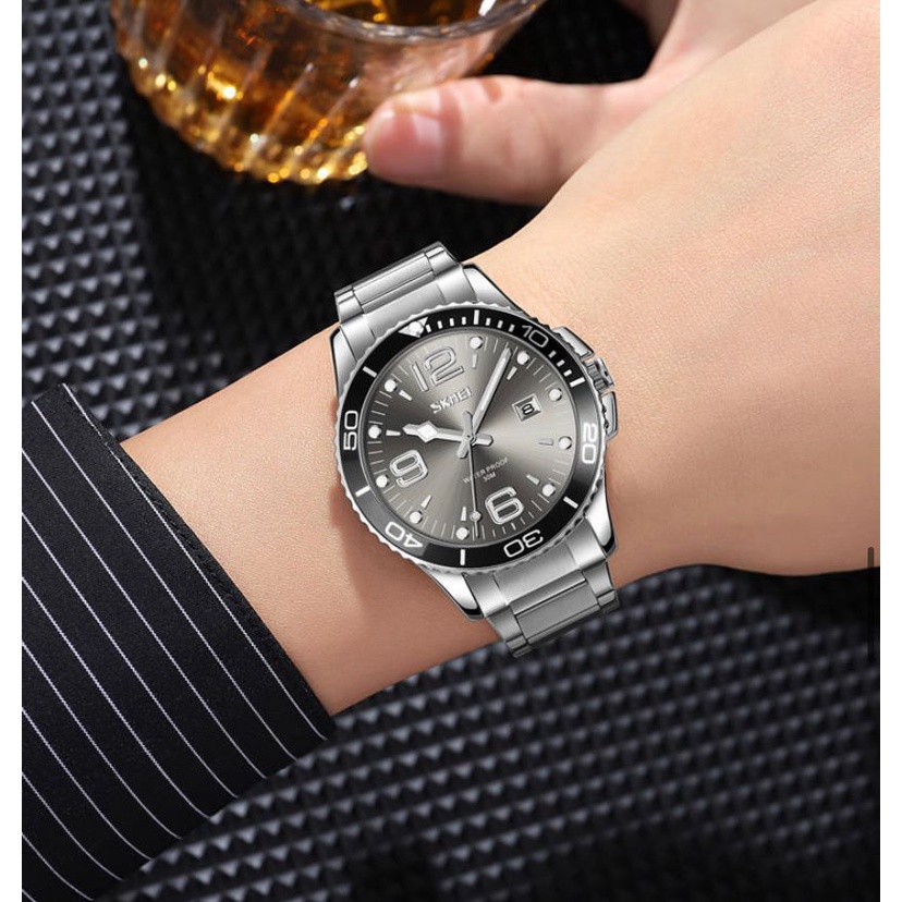 SKMEI 9278 Jam Tangan Pria Analog Tali Stainless Steel Business/ JAM TANGAN SKMEI 9278 WATERESIST 5 BAR/ JAM TANGAN SKMEI  TANGGAL AKTIF