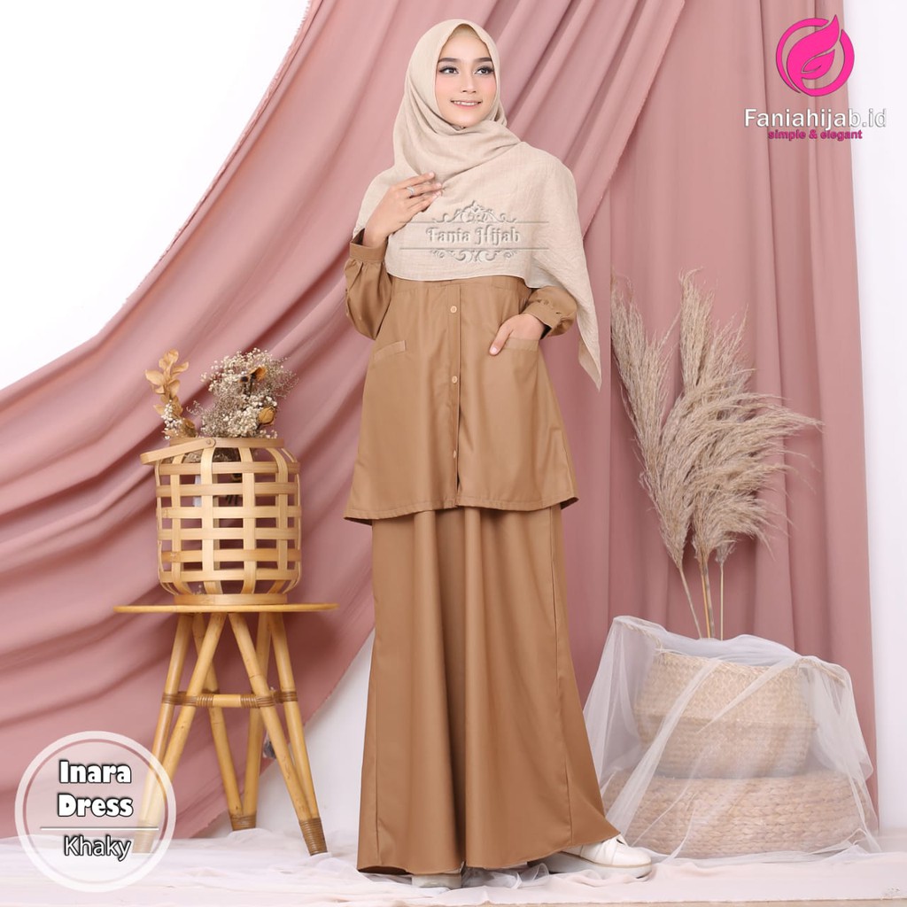 Gamis Inara Khaki by Fania Hijab/gamis dinas/gamis pns/seragam pns/gamis pemda/seragam kerja