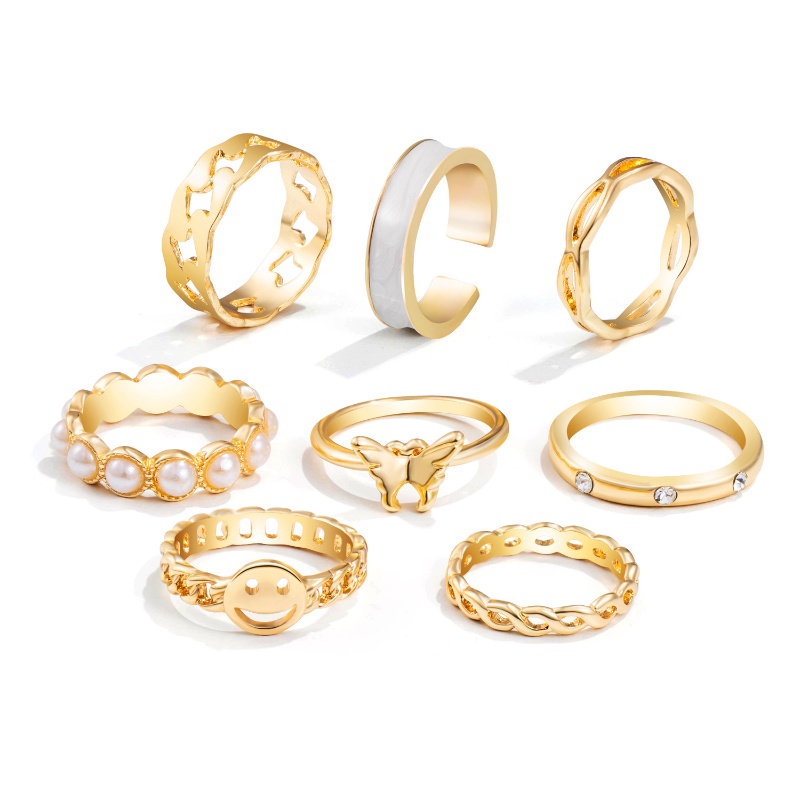 8 piece set  pearl retro ring butterfly smiley fashion ring for women