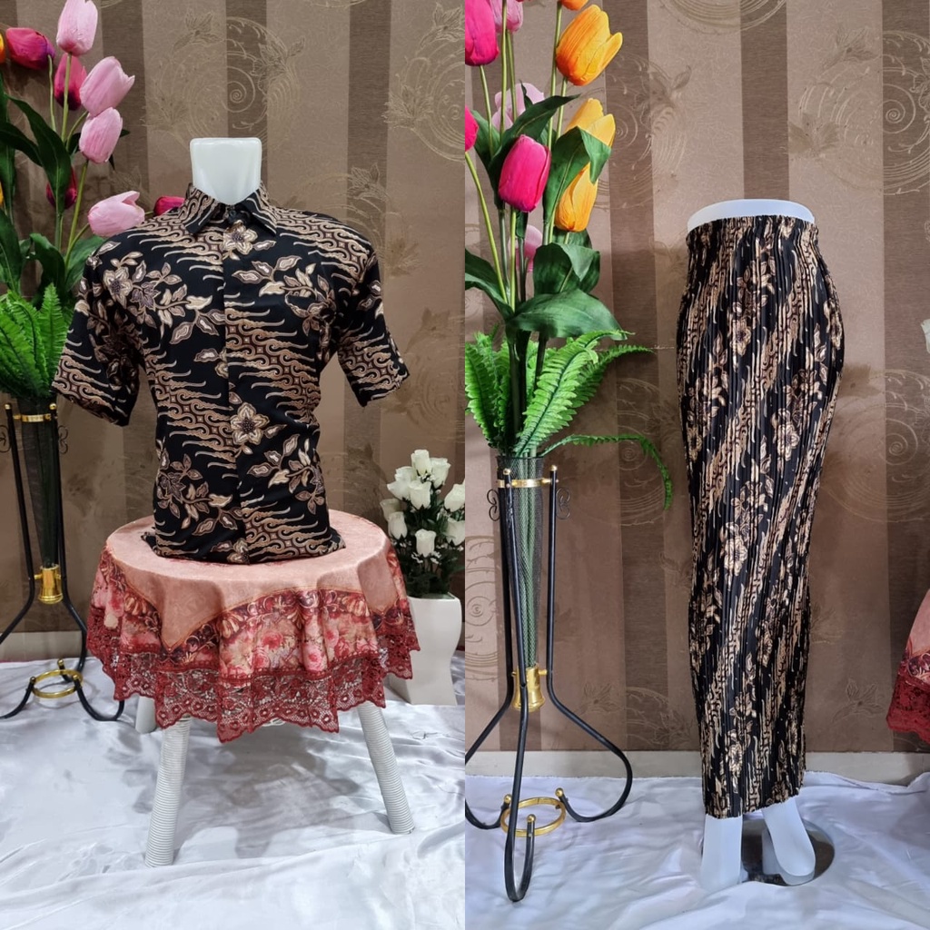 HN MODE - Couple kemeja batik pendek mix rok plisket motif coin