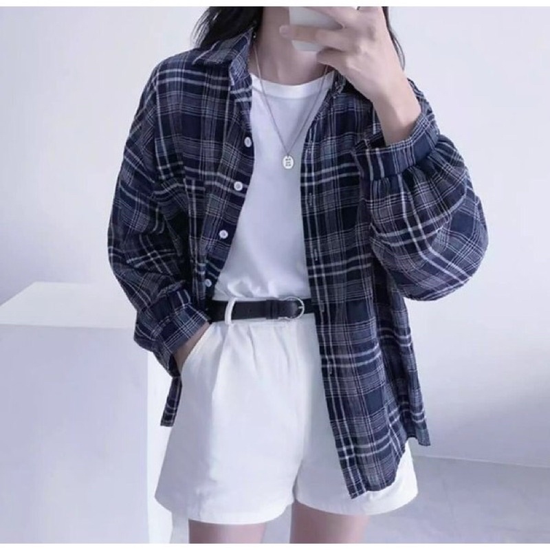 KHS GUILEN OVERSIZE SHIRT / KEMEJA WANITA KOTAK BAHAN KATUN-Biru - Kemeja