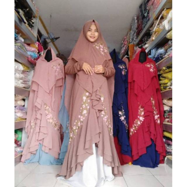 SET GAMIS SYARI BAJU MUSLIMAH CERUTY BABYDOLL PUTIH BORDIR BUSUI JUMBO KHIMAR PET MANASIK HAJI UMROH