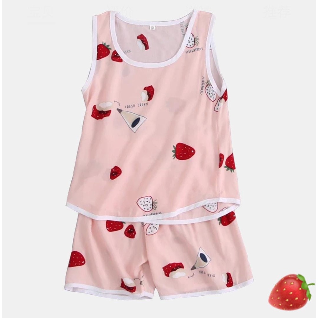 Promo !! Setelan anak perempuan import/Pakaian anak perempuan adem/Setelan fresh cream strawberry uk  3-4th