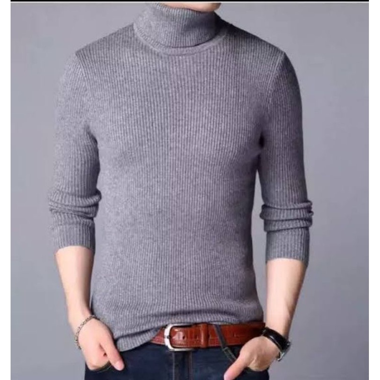 TS - 66104 Sweater Rajut Kerah Tinggi Cowo  Roll Neck Man Daleman Jas-66104 - ABU MUDA