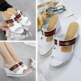 SANDAL WEDGES SELOP GUCCI REPLIKA CEWEK WANITA TAN MURAH 