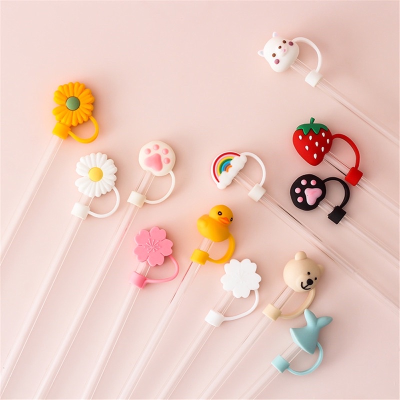 Penutup Tutupan Sedotan Tutup Bahan Silikon Lucu Motif Silicone Straw Plug Reusable Airtight Drinking Dust Cap Cup Accessories Cartoon Plugs Tips Cover Suit For 6-8mm Straws