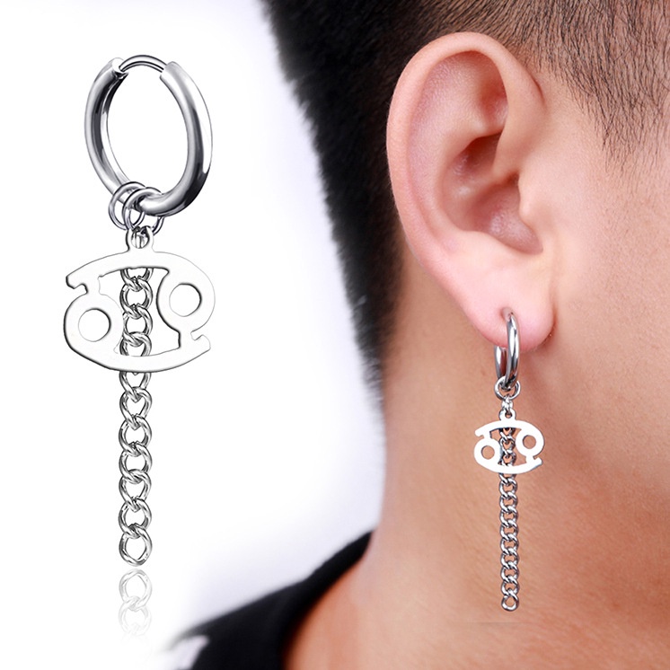 Anting titanium anti karat model tusuk tindik jepit cowok pria motif zodiak silver rantai panjang fashion korea import murah-Cancer