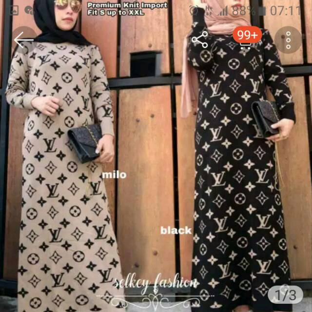 Gamis rajut motif LV maroon dan coklat tua