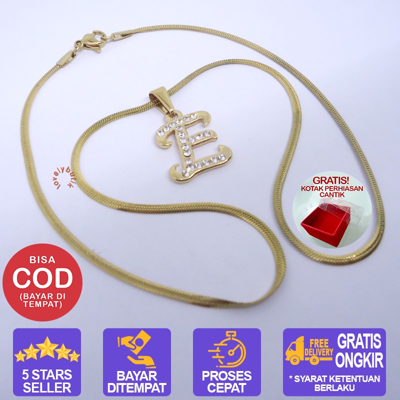 Lovelybutik Honey Kalung Huruf Titanium Anti Karat Inisial E Uk 45 cm BONUS KOTAK PERHIASAN