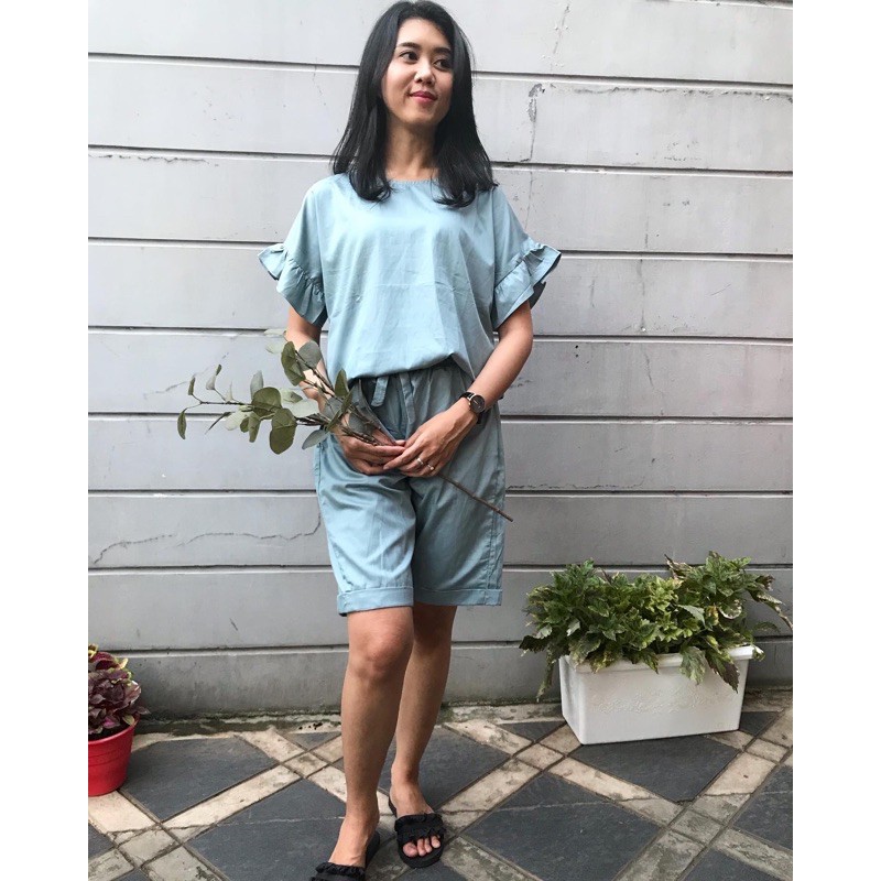 One set baju katun tidur baju rumah hijau pastel