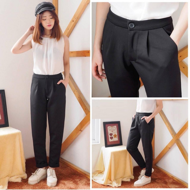 Celana panjang casual long pants polos hitam kerja kuliah hangout fashion cewek wanita murah -1201