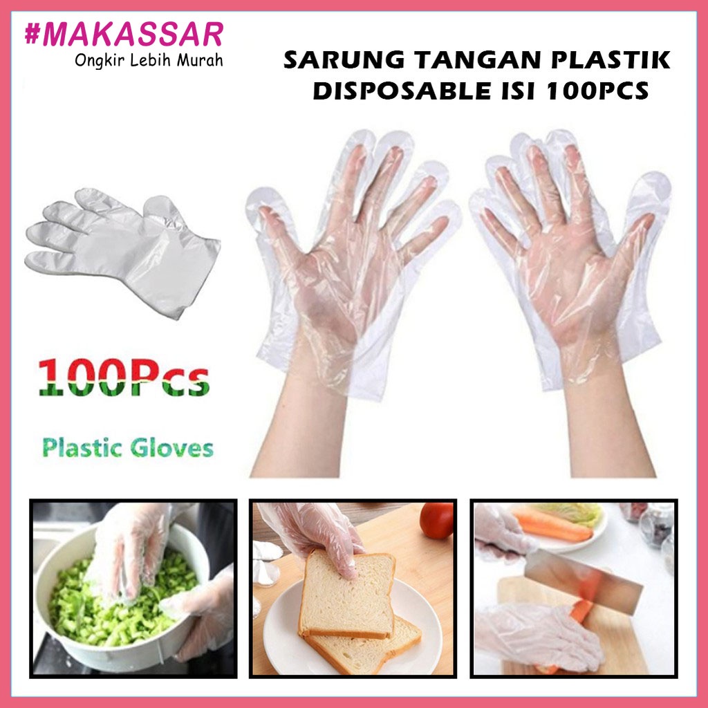 Sarung Tangan Plastik Isi 100Pcs Disposable Plastic Gloves Sekali Pakai Bening Polos Transparant Murah COD