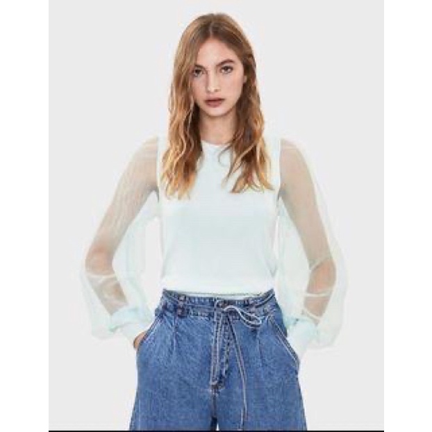 Bershka Jersey Knit Volume Organza Puff Blouse