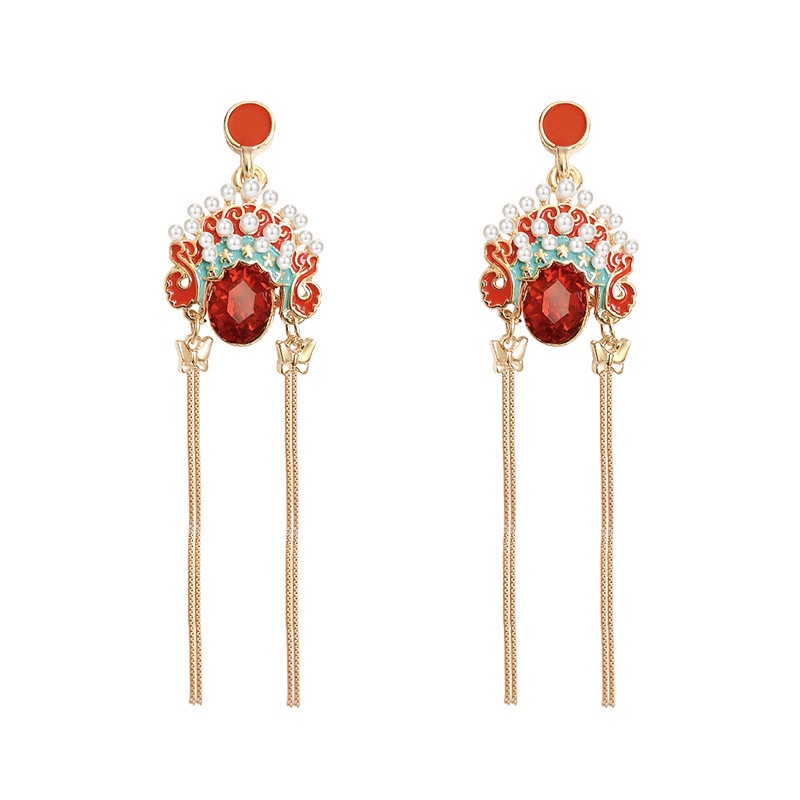 Anting 925 silver needle Model Rumbai Panjang Desain Topeng Opera Peking Aksen Mutiara Untuk Wanita